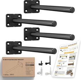 Batoda 601570830075 8 Inch Solid Steel Floating Shelf Bracket 4 Pcs - Rod Black