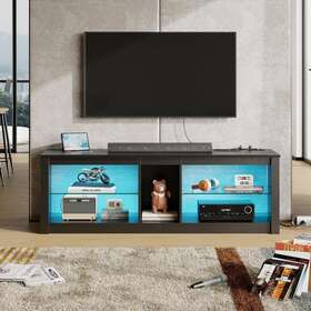 L101014gus-bdcf Bestier Tv Stand 55 Inch With Power Outlets Led Glass Shelves Carbon Fiber Black