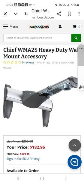 Wma2s Chief Heavy Duty Wall Mount Accessory Dual Stud Arm- Brand New