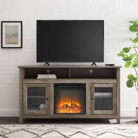 Handmade 840035311791 Transitional Electric Fireplace Wood And Glass Tv Stand For Tvs Up To 65 Inch - Grey