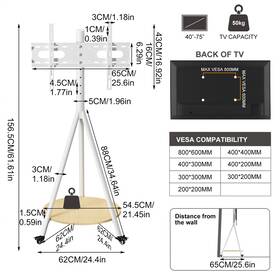 Unho Hd870s43s356 Tripod Tv Stand Wheels Shelf For 40-75 Inch Vesa Mount Holder Home Office Use