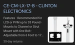 Clinton Electronics CE-CM-LX-17-B Black Ceiling Mount Bracket 6' 17' Nib. Fixed Price $75.00.
