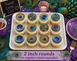 12 Peacock Feathers Edible Wafer Paper Rounds, Choose Size Pre Cut. Fixed Price $13.00.
