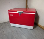 Vintage 1982 Coleman Red Metal Cooler Ice Chest Box Steel Belted Camping Retro. Fixed Price $225.00.