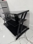 Black Glass & Metal Contemporary Tv Stand, 3 Shelves, Gloss Finish, Open Storage. Fixed Price $35.00.